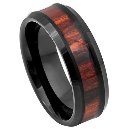 Dark Mahogany Wood Inlay Beveled Edge Black IP Tungsten Ring – 8 mm - Love Tungsten