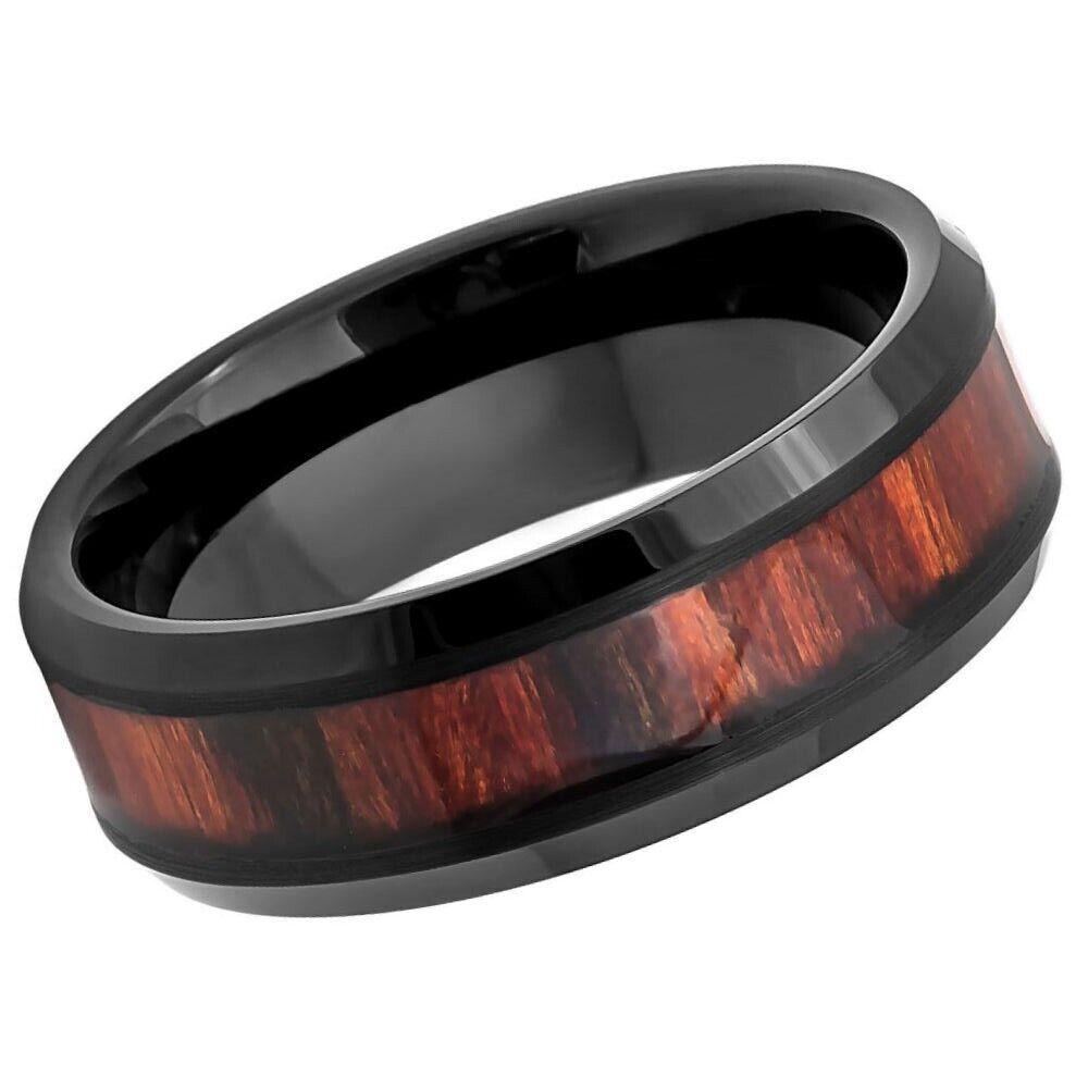 Dark Mahogany Wood Inlay Beveled Edge Black IP Tungsten Ring – 8 mm - Love Tungsten