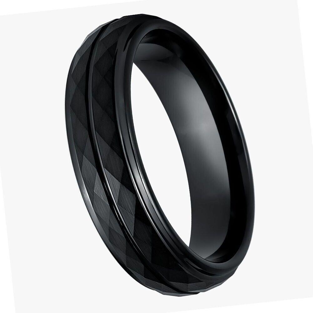 Diamond Shapes Black IP Faceted Finish Tungsten Ring - 6mm - Love Tungsten