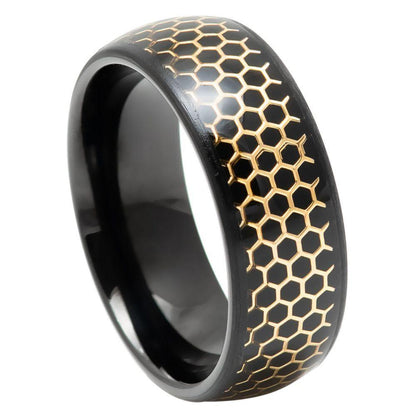 Dome Black & Yellow Gold IP Honeycomb Inlay Tungsten Ring - 8mm - Love Tungsten