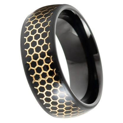 Dome Black & Yellow Gold IP Honeycomb Inlay Tungsten Ring - 8mm - Love Tungsten