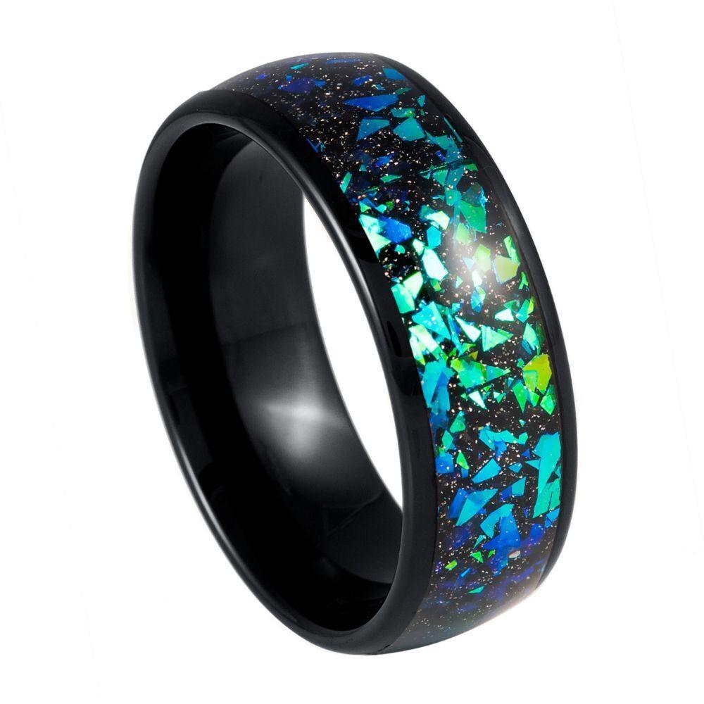 Dome Black IP Green Synthetic Opal & Abalone Fragments Tungsten Ring - 8mm - Love Tungsten