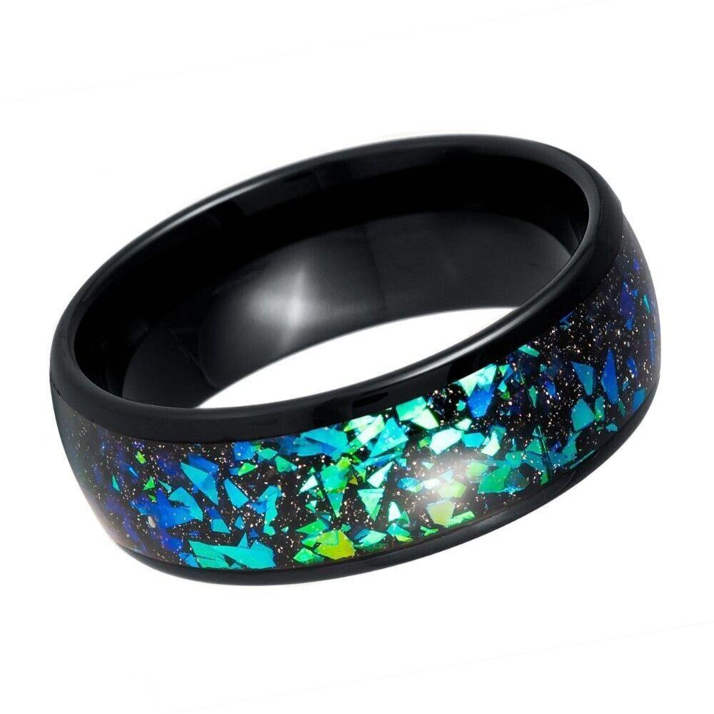 Dome Black IP Green Synthetic Opal & Abalone Fragments Tungsten Ring - 8mm - Love Tungsten