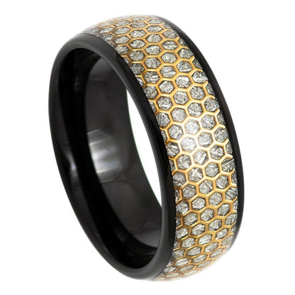 Dome Black IP Honeycomb Imitation Meteorite Inlay Ring - 8mm - Love Tungsten