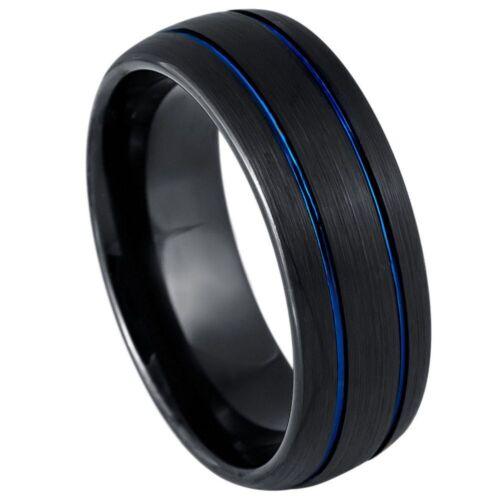 Dome Black IP Tungsten Ring with Two Blue IP Grooves - 8mm - Love Tungsten
