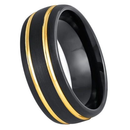 Dome Black IP Tungsten, Two Yellow IP Grooves Tungsten Ring - 8 mm - Love Tungsten