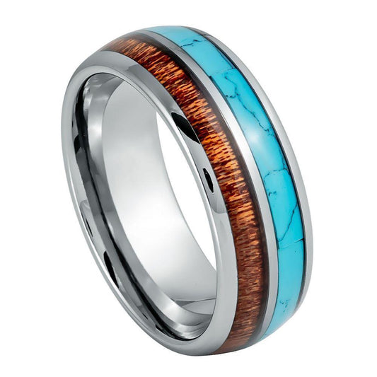 Dome Turquoise & Koa Wood Inlay Tungsten Ring - 8mm - Love Tungsten