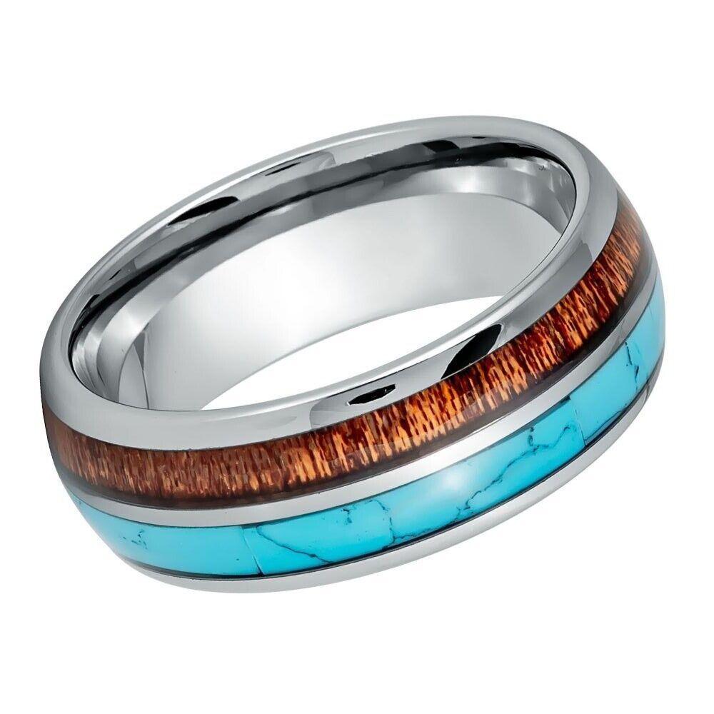 Dome Turquoise & Koa Wood Inlay Tungsten Ring - 8mm - Love Tungsten
