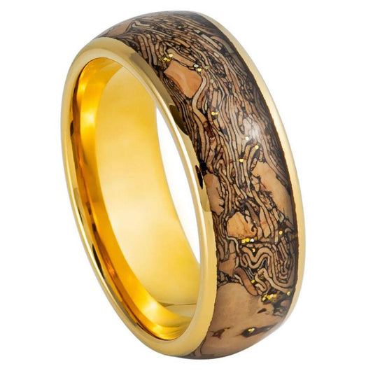 Dome Yellow Gold IP Plated Cork & Gold Glitter Inlay Tungsten Ring - 8mm - Love Tungsten