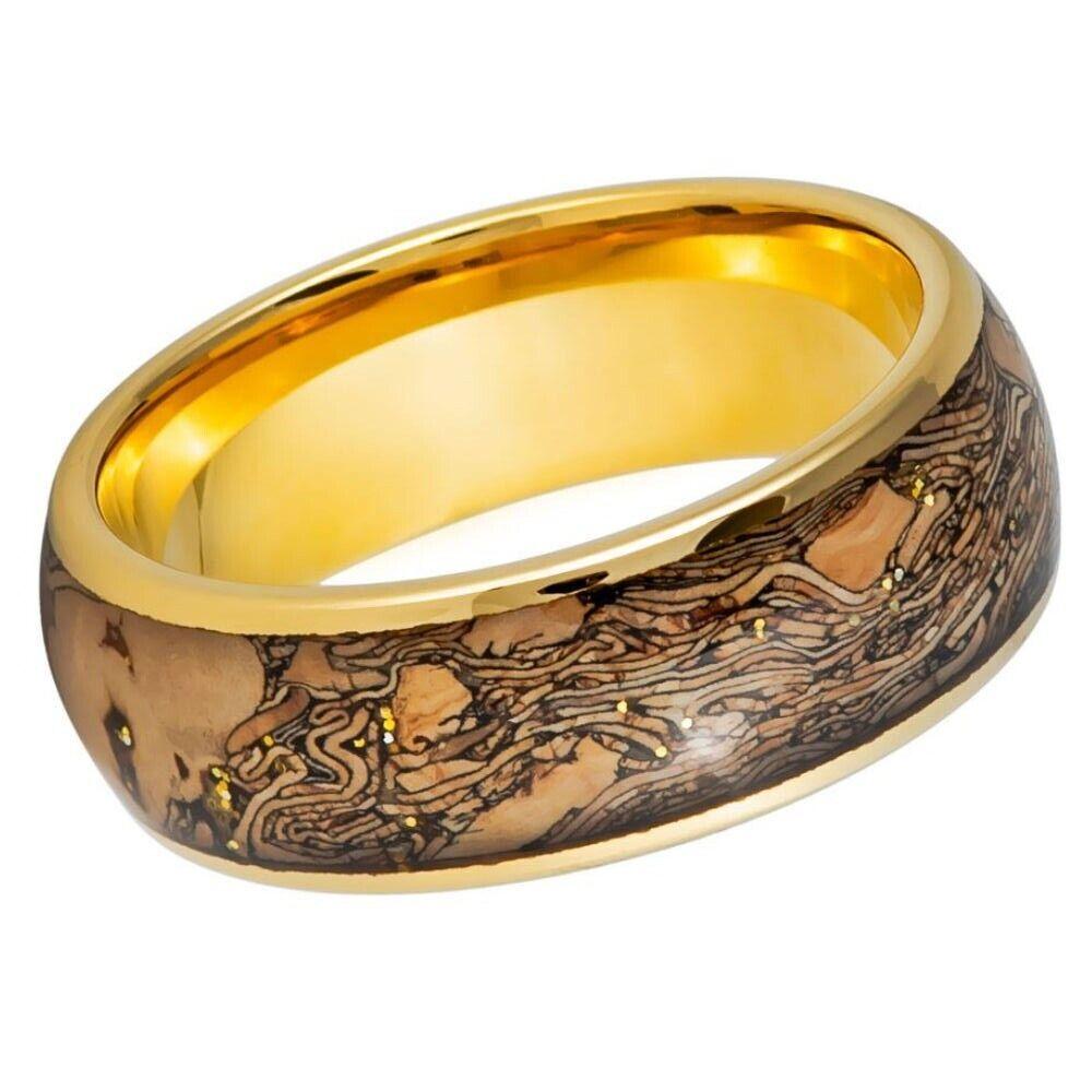 Dome Yellow Gold IP Plated Cork & Gold Glitter Inlay Tungsten Ring - 8mm - Love Tungsten