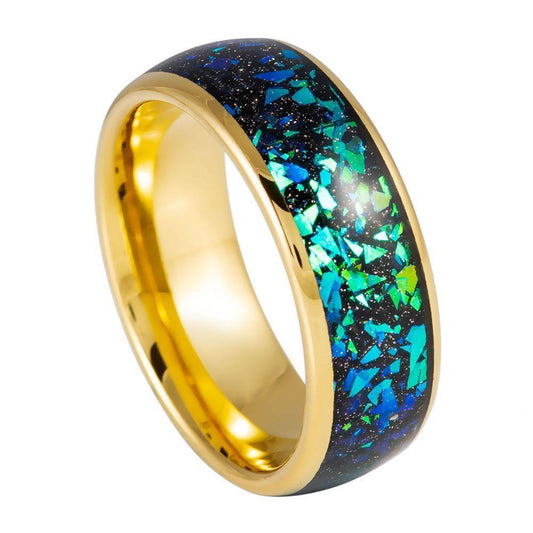 Dome Yellow IP Green Opal & Abalone Fragments Tungsten Ring - 8mm - Love Tungsten