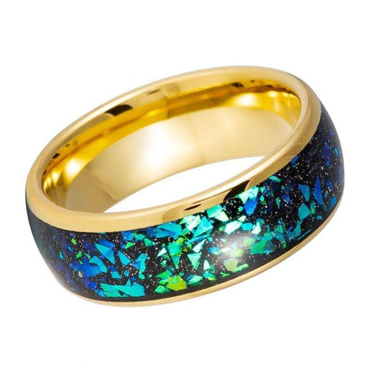 Dome Yellow IP Green Opal & Abalone Fragments Tungsten Ring - 8mm - Love Tungsten