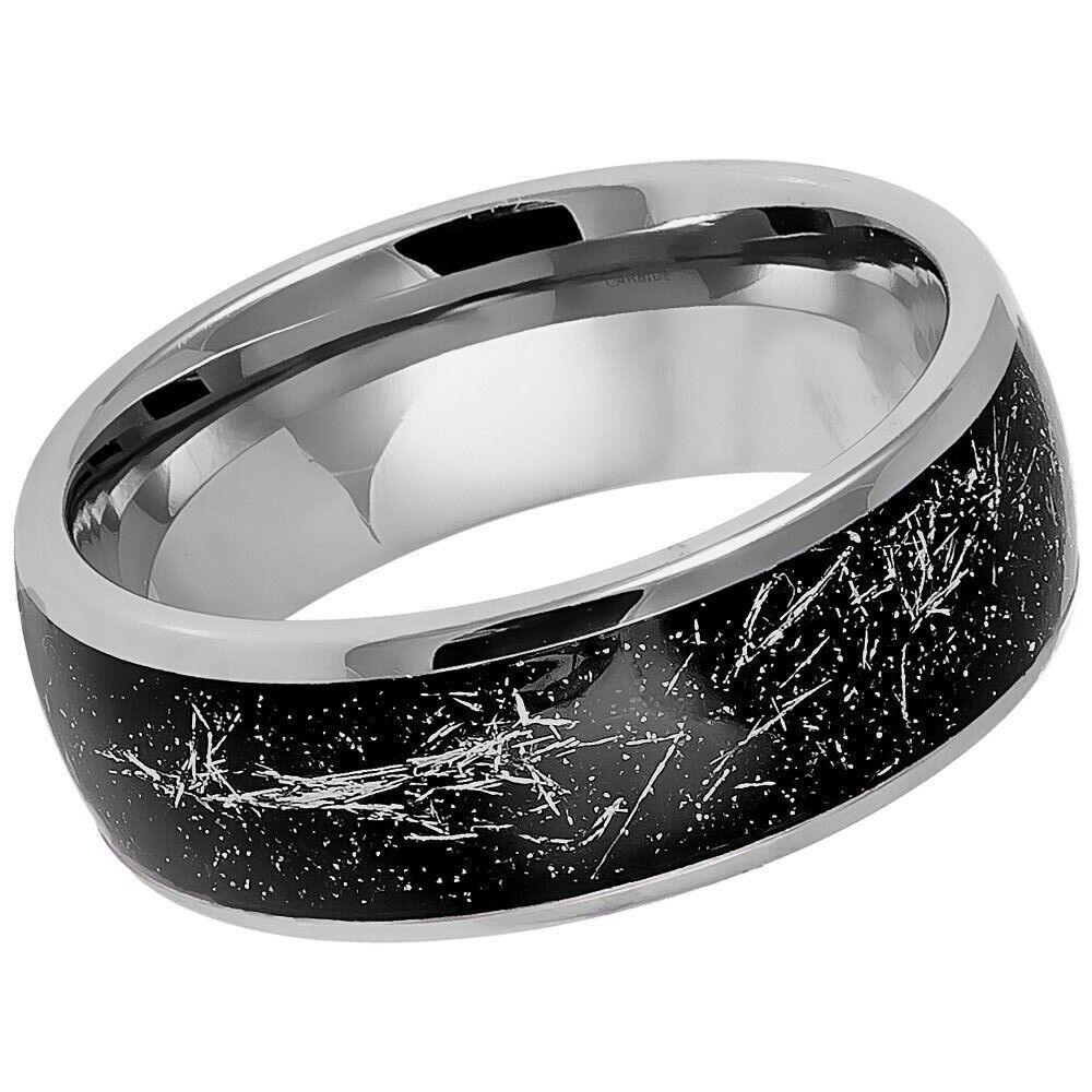 Domed Black Carbon Fiber Tungsten Ring with Metallic Shavings Inlay - 8mm - Love Tungsten