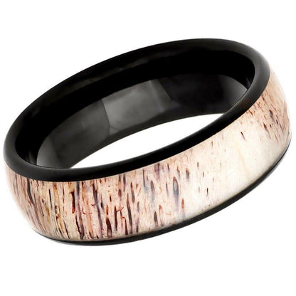 Domed Black IP Tungsten Ring with Real Deer Antler Inlay - 8mm - Love Tungsten