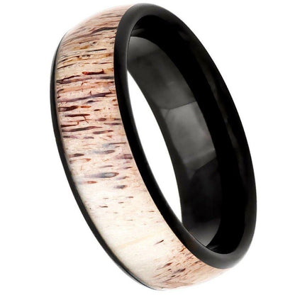 Domed Black IP Tungsten Ring with Real Deer Antler Inlay - 8mm - Love Tungsten