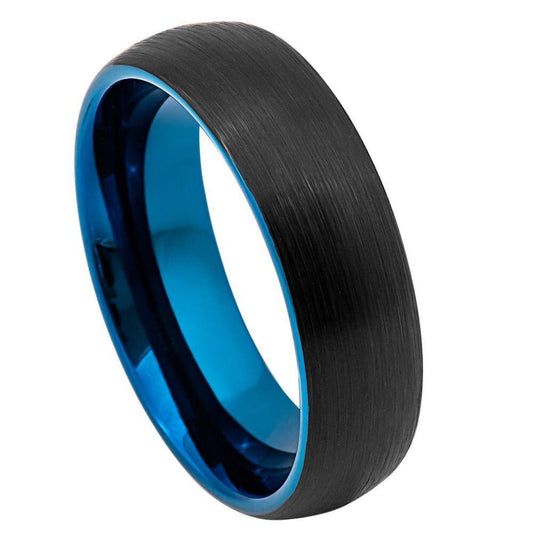 Domed Black Outside, Blue Inside IP Plated Brushed Finish Tungsten Ring - 6mm - Love Tungsten