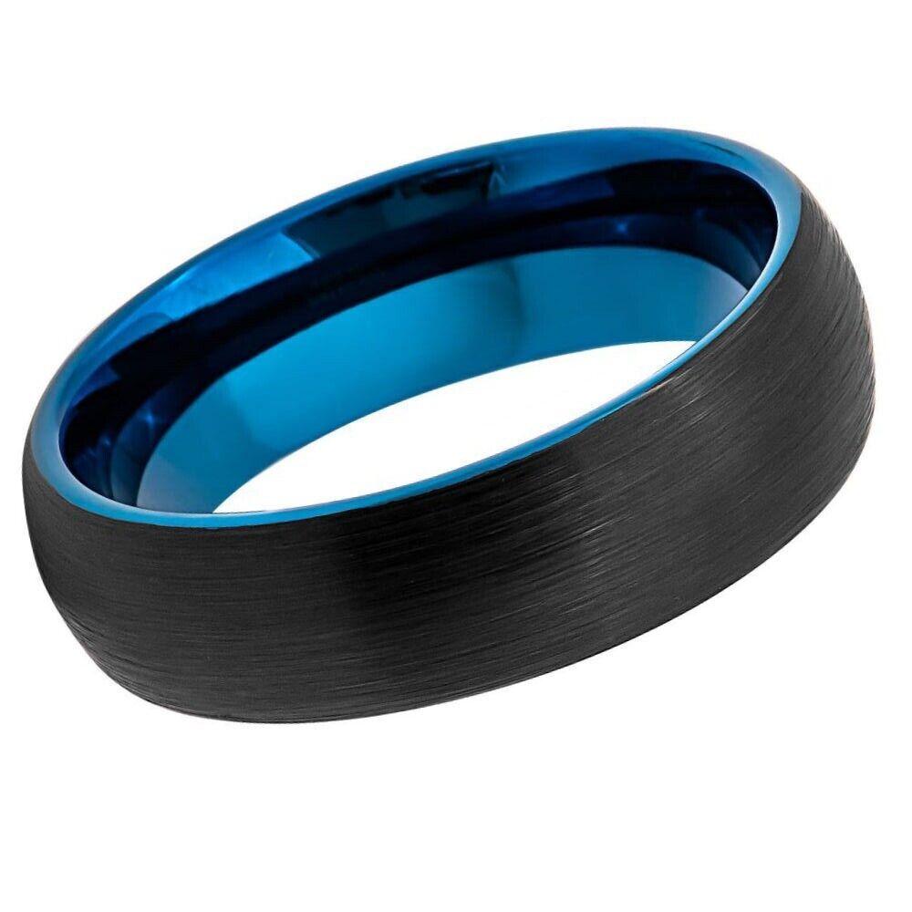 Domed Black Outside, Blue Inside IP Plated Brushed Finish Tungsten Ring - 6mm - Love Tungsten