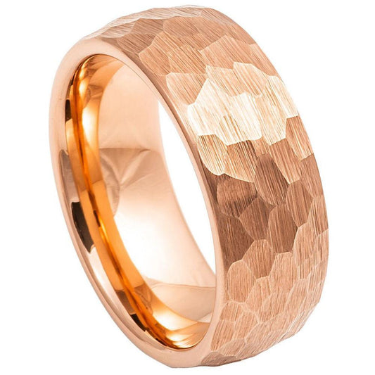 Domed Hammered Brushed Rose Gold IP Tungsten Ring - 8mm - Love Tungsten
