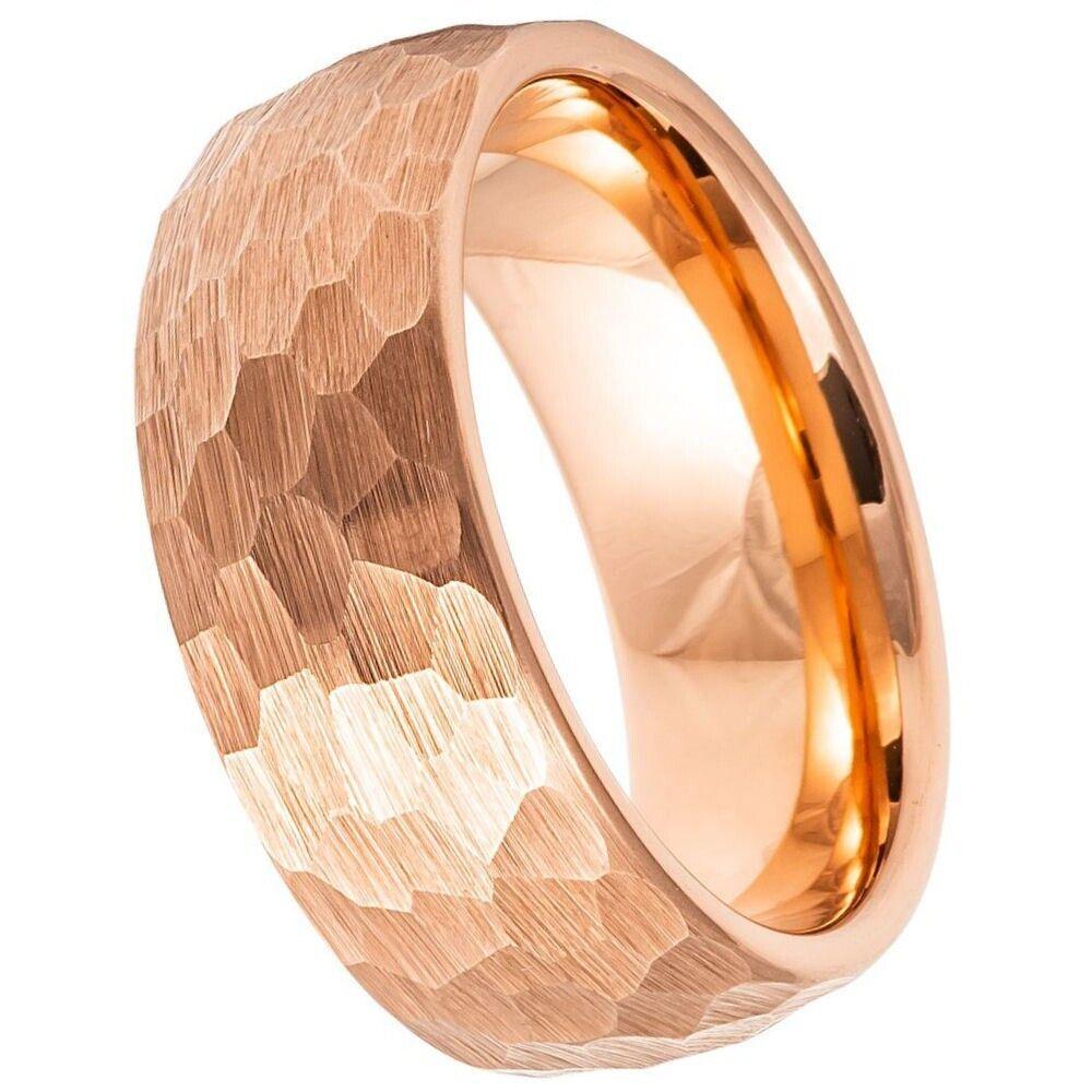 Domed Hammered Brushed Rose Gold IP Tungsten Ring - 8mm - Love Tungsten