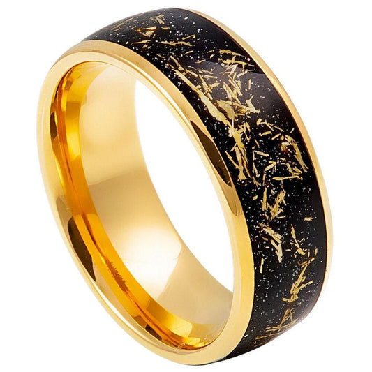 Domed Ring with Imitation Meteorite Yellow Gold IP Plated Tungsten Ring – 8 mm - Love Tungsten