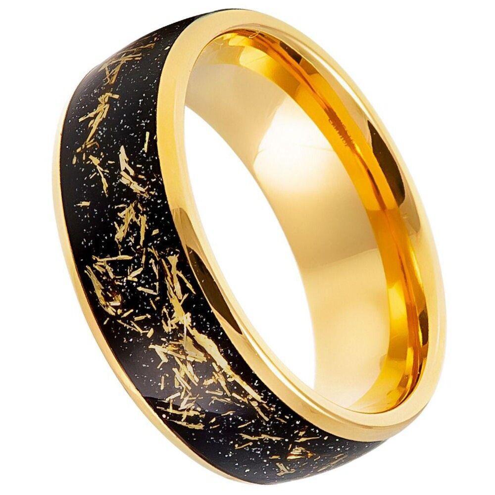 Domed Ring with Imitation Meteorite Yellow Gold IP Plated Tungsten Ring – 8 mm - Love Tungsten