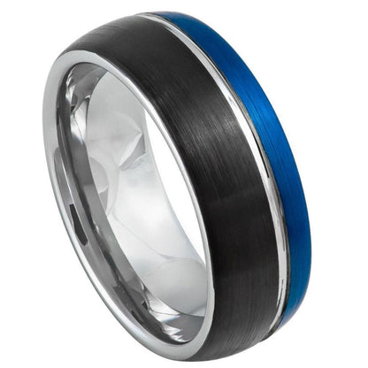 Domed Three-tone Natural, Blue & Black IP Plated Brushed Tungsten Ring – 8 mm - Love Tungsten