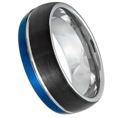 Domed Three-tone Natural, Blue & Black IP Plated Brushed Tungsten Ring – 8 mm - Love Tungsten