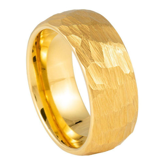 Domed Yellow Gold IP Hammered Finish Tungsten Ring - 8mm - Love Tungsten