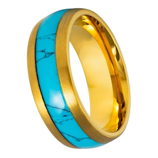Domed Yellow Gold Plated Inlay Beveled Edge Blue Turquoise IP Ring - 8mm - Love Tungsten