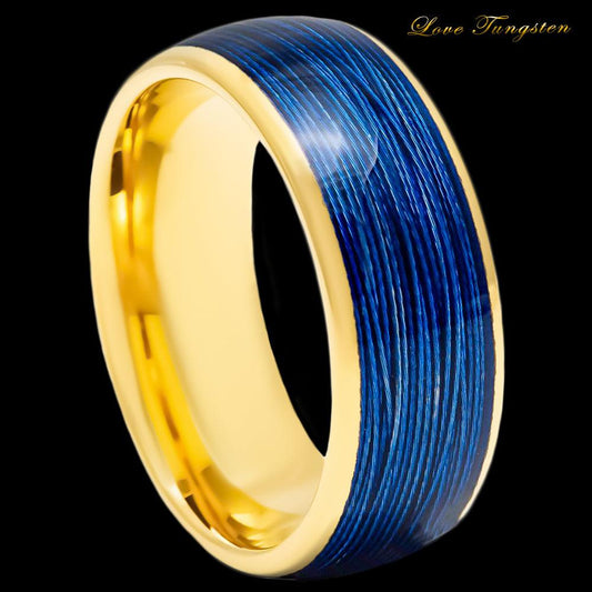 Domed Yellow IP Tungsten Ring with Rolled Blue Wire Inlay - 8mm - Love Tungsten