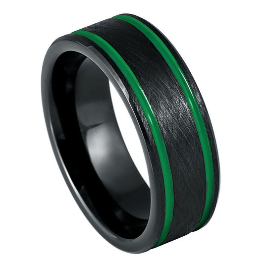 Double Green Stripes Black IP Ice Finish Tungsten Ring - 8mm - Love Tungsten