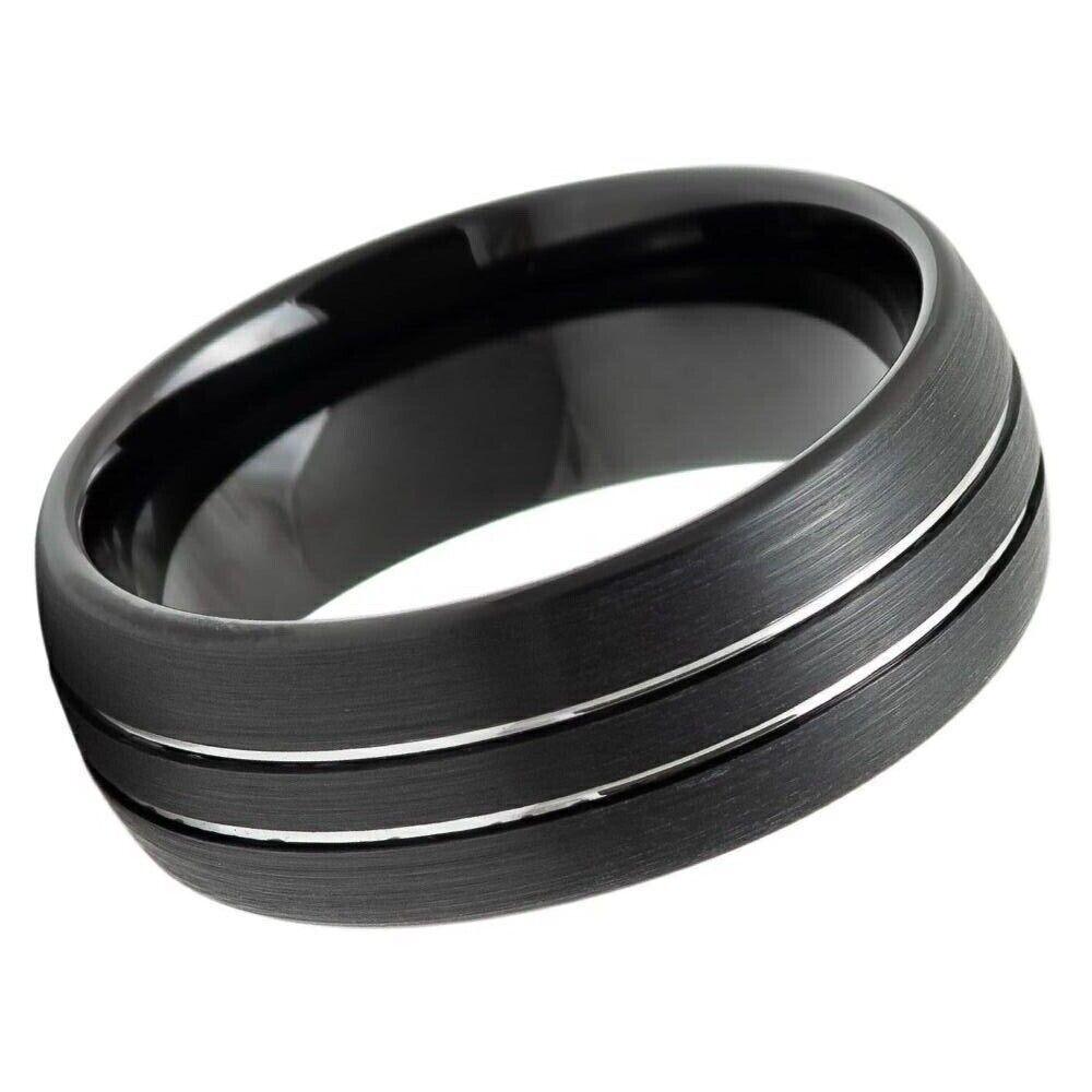 Double Striped Center Domed Black IP Tungsten Ring - 8mm - Love Tungsten