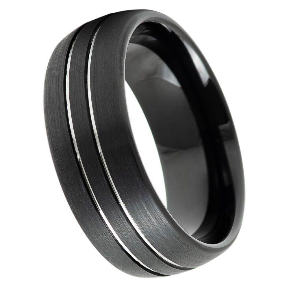 Double Striped Center Domed Black IP Tungsten Ring - 8mm - Love Tungsten