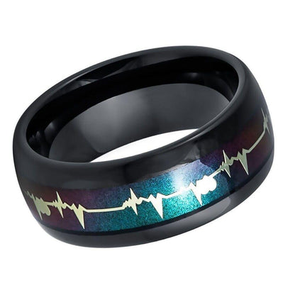 EKG Heartbeat Rainbow Gradient With Black IP Plated Tungsten Ring - 8mm - Love Tungsten