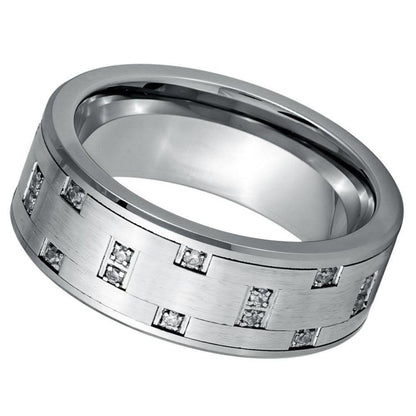 Elegant Style White CZ Pipe Cut Alternating Prong Tungsten Ring - 8mm - Love Tungsten