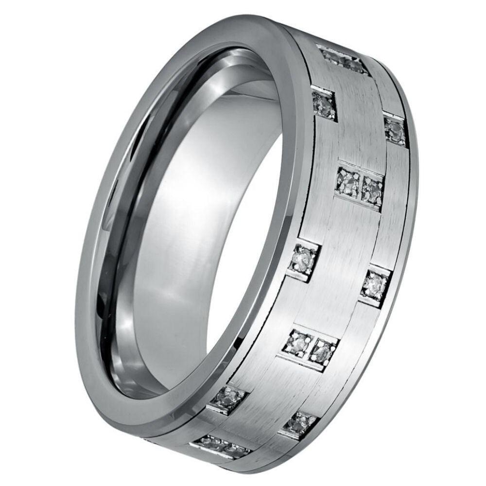 Elegant Style White CZ Pipe Cut Alternating Prong Tungsten Ring - 8mm - Love Tungsten