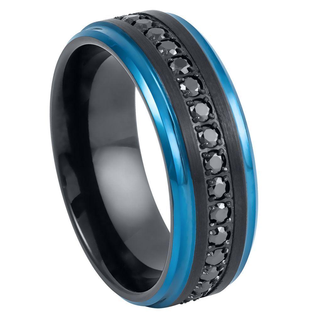 Eternity Black CZ Blue Edges Black IP Tungsten Ring - 8mm - Love Tungsten