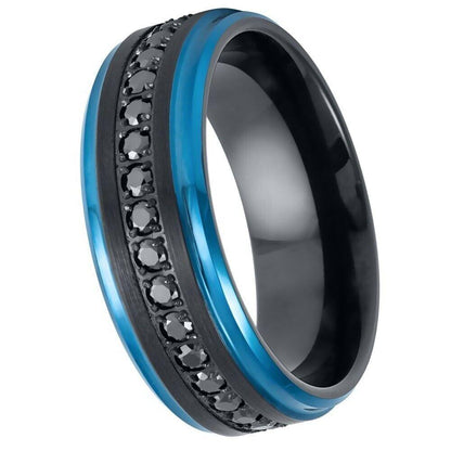 Eternity Black CZ Blue Edges Black IP Tungsten Ring - 8mm - Love Tungsten