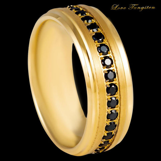 Eternity Black CZ Prong-Set Yellow Gold IP Plated Tungsten Ring - 8mm - Love Tungsten