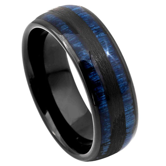 Exotic Blue Wood Inlay Black IP Tungsten Ring - 8mm - Love Tungsten