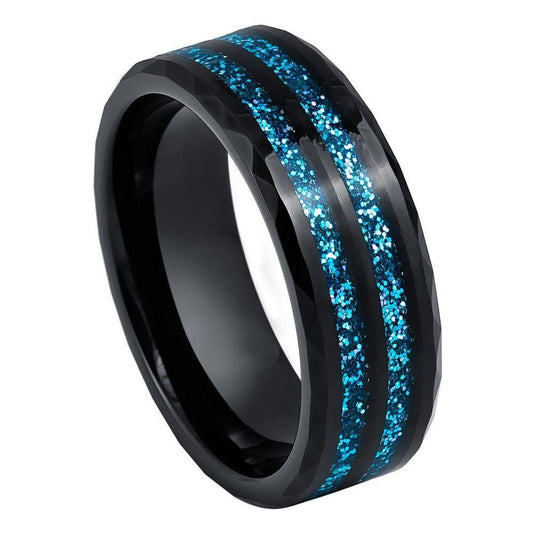 Faceted Finish Blue Glitter Inlay Black IP Plated Tungsten Ring - 8mm - Love Tungsten