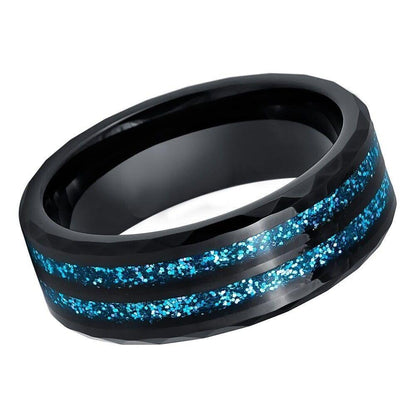 Faceted Finish Blue Glitter Inlay Black IP Plated Tungsten Ring - 8mm - Love Tungsten