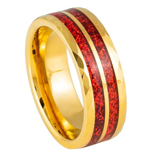 Faceted Finish Red Glitter Inlay Yellow IP Plated Tungsten Ring - 8mm - Love Tungsten