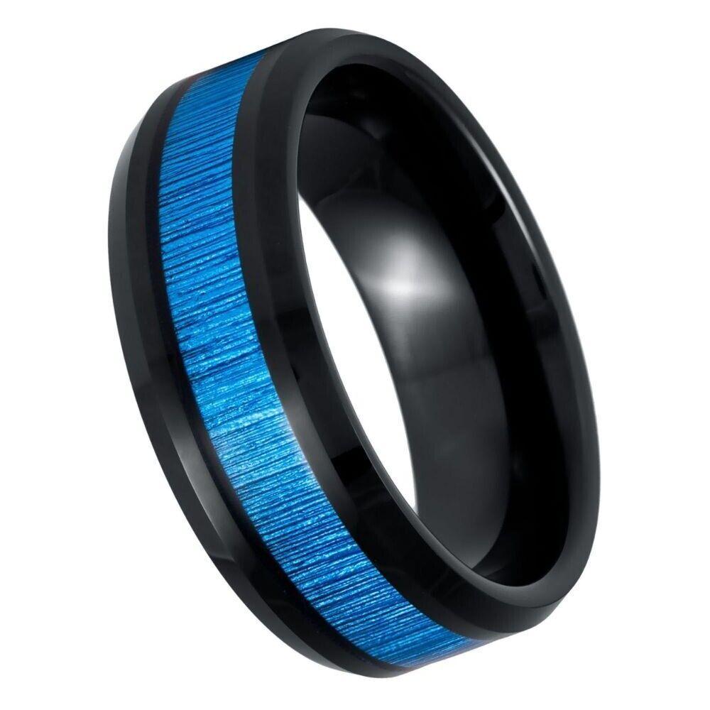 Faux Bamboo Grain Fiber Inlay Black IP Plated Tungsten Ring - 8mm - Love Tungsten