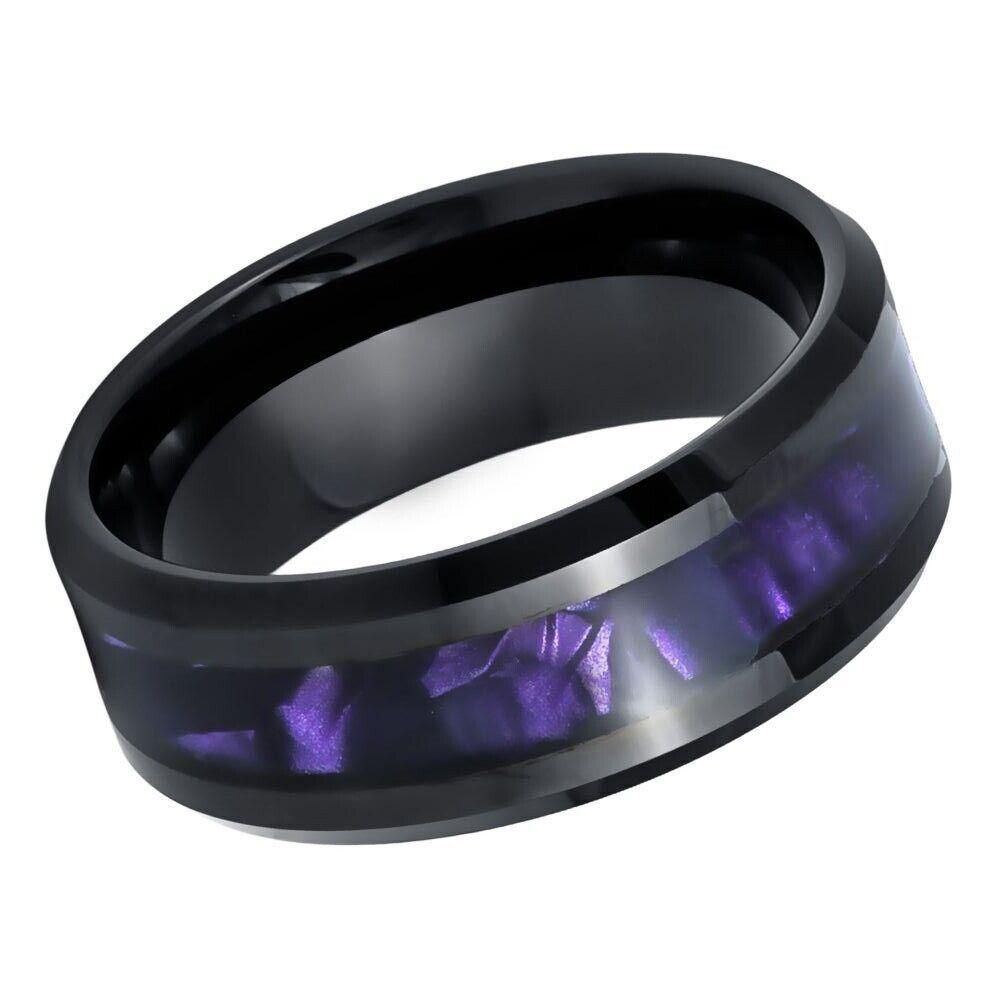 Faux Purple Tiger Cowrie Inlay with Black IP Tungsten Ring - 8mm - Love Tungsten