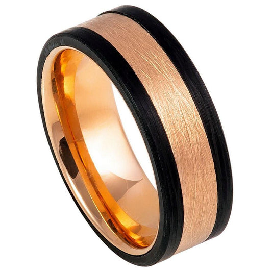 Forged Composite Carbon Fiber Sides & Rose Gold Plated Tungsten Ring - 8mm - Love Tungsten