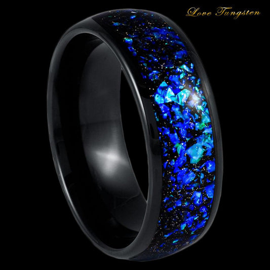 Galaxy Universe Opal & Abalone Fragments Synthetic Dome Black IP Blue Tungsten Ring - 8mm - Love Tungsten