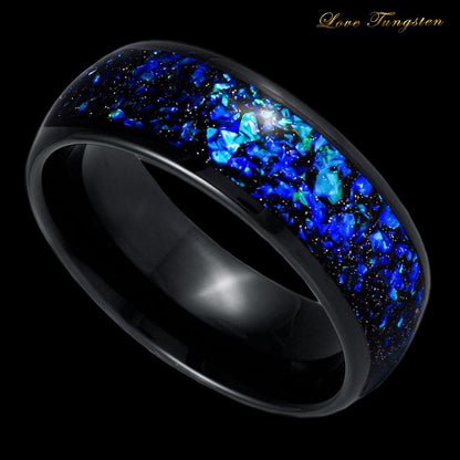 Galaxy Universe Opal & Abalone Fragments Synthetic Dome Black IP Blue Tungsten Ring - 8mm - Love Tungsten