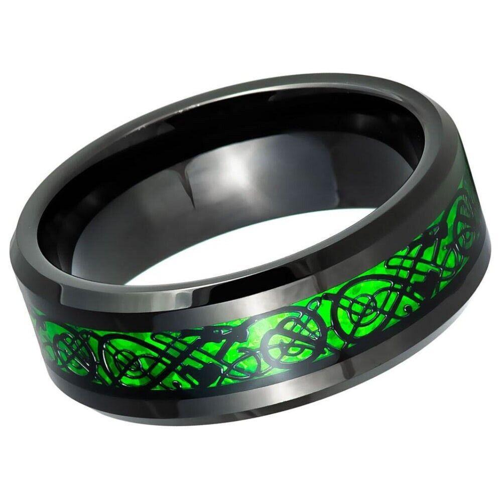 Green Celtic Dragon Inlay & Black IP Tungsten Ring - 8mm - Love Tungsten