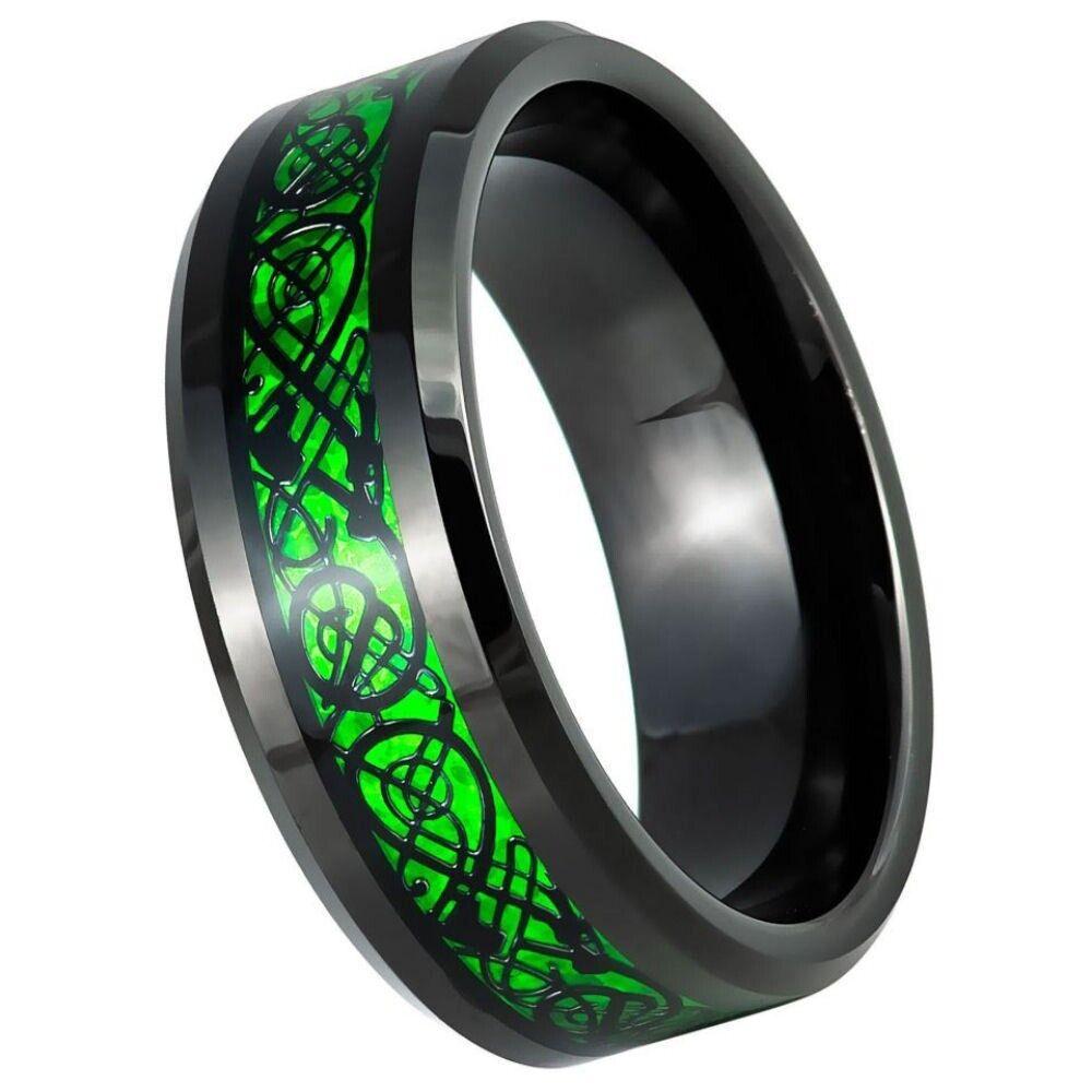 Green Celtic Dragon Inlay & Black IP Tungsten Ring - 8mm - Love Tungsten
